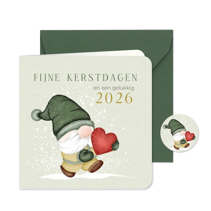 Kerstkaart kabouter met rood hart en foto