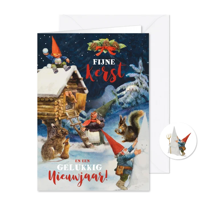 Kerstkaart kabouters in het winterbos