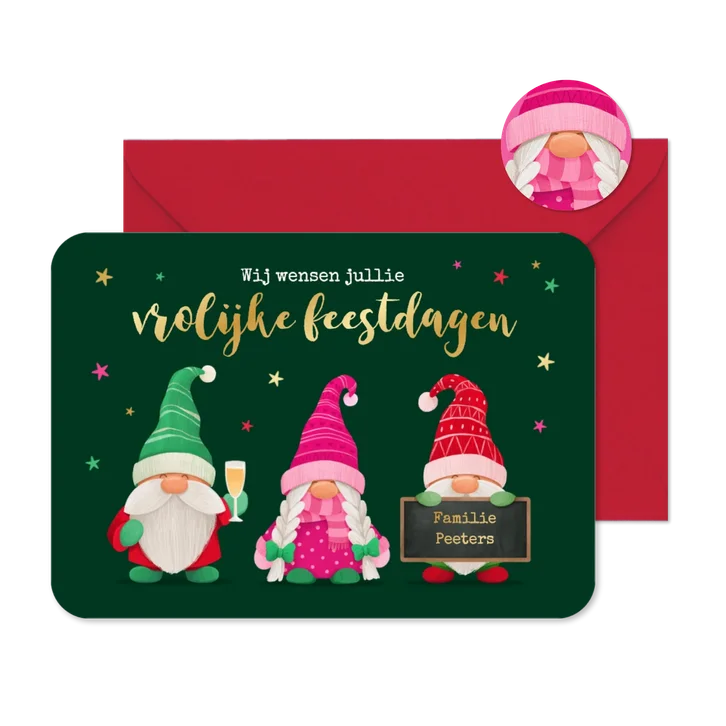 Kerstkaart kabouters vrolijke feestdagen sterretjes