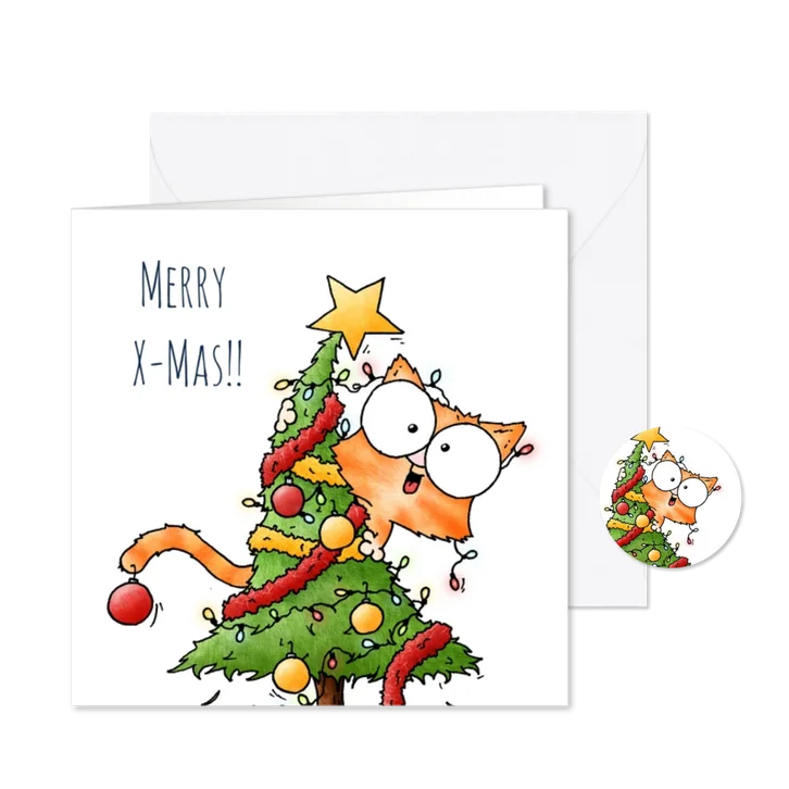 Kerstkaart kat in de kerstboom Merry Christmas