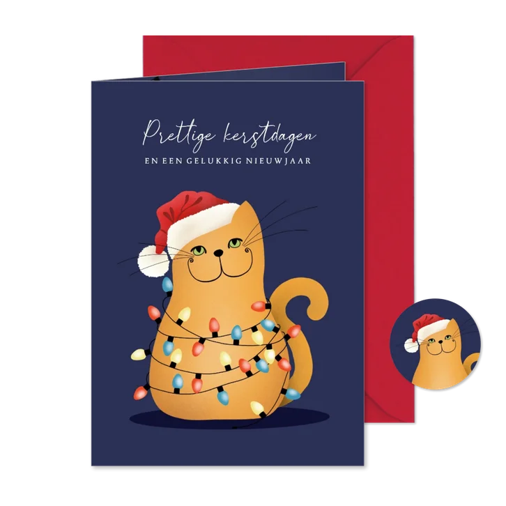 Kerstkaart - kat in wirwar van kerstlampjes