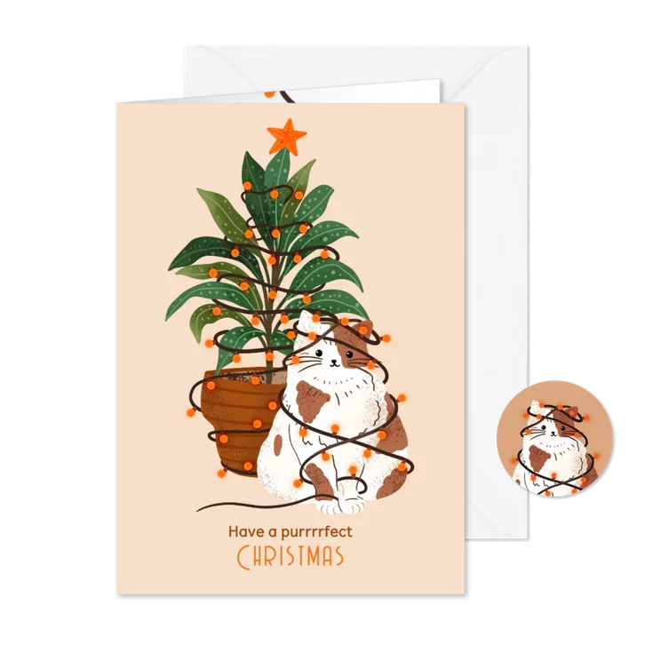 Kerstkaart kat met kerstlampjes