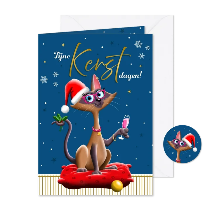Kerstkaart kat met proost op de feestdagen