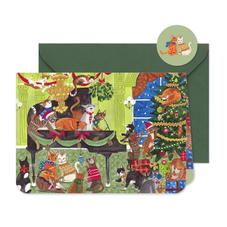 Kerstkaart katten muziek piano feest illustratie