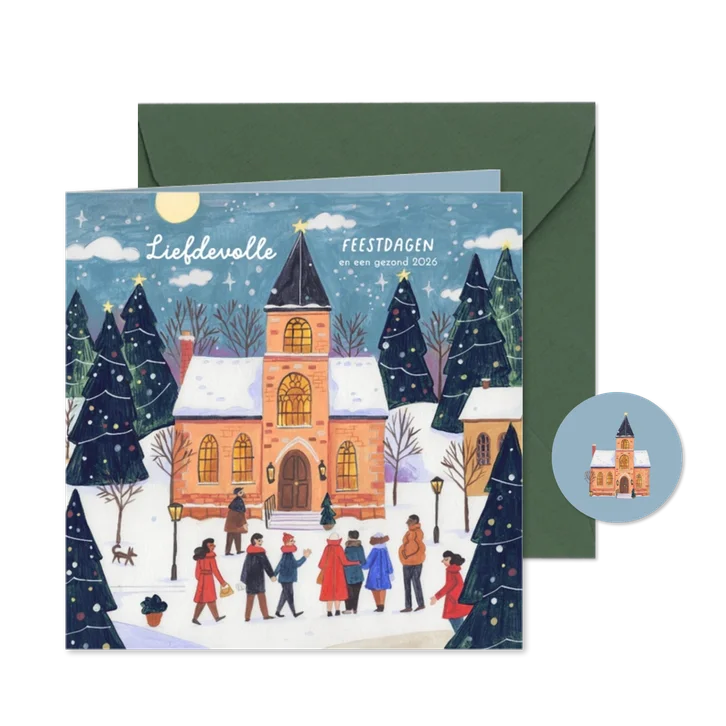 Kerstkaart kerkje en kerstbomen in de sneeuw