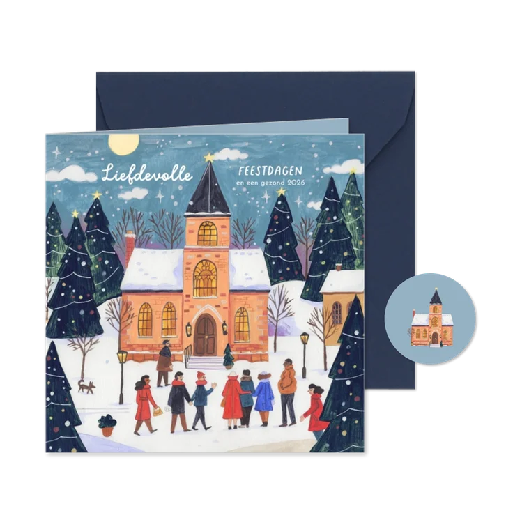 Kerstkaart kerkje en kerstbomen in de sneeuw