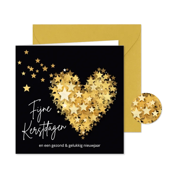 Kerstkaart kerst hart sterren sprankelend goud