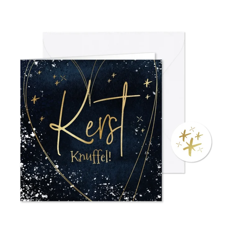 Kerstkaart 'Kerst knuffel' watercolour goudlook hart sneeuw