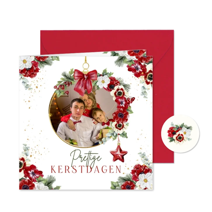 Kerstkaart kerstbal anemoontjes