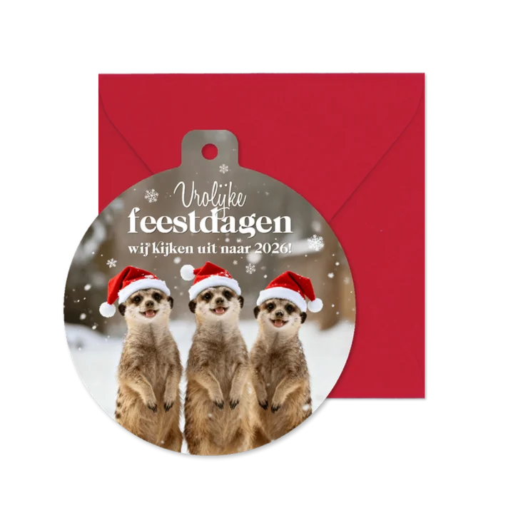 Kerstkaart kerstbal dieren stokstaartjes grappig vrolijk