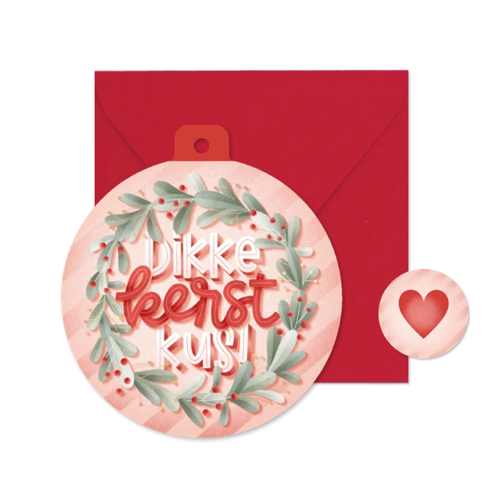 Kerstkaart kerstbal kerstkrans 'Dikke Kerstkus' en streepjes