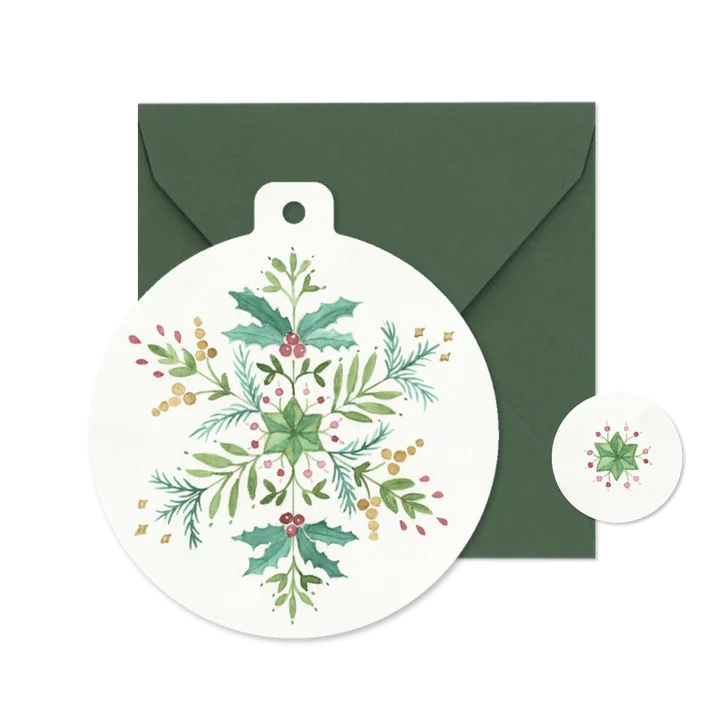 Kerstkaart kerstbal met kerstster van waterverf takjes 