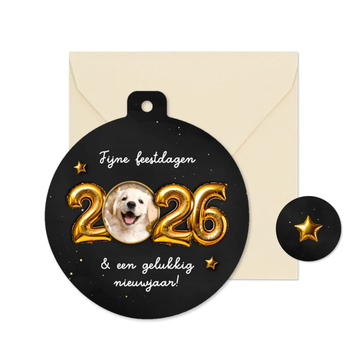 Kerstkaart kerstbalvorm folieballon 2026 foto in 0