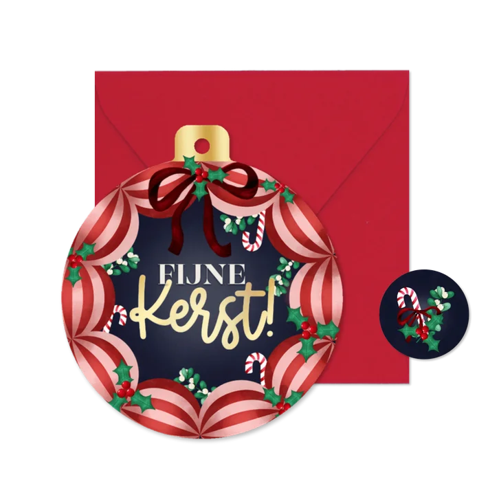 Kerstkaart kerstbalvorm kerstballen kerstkrans Fijne Kerst!