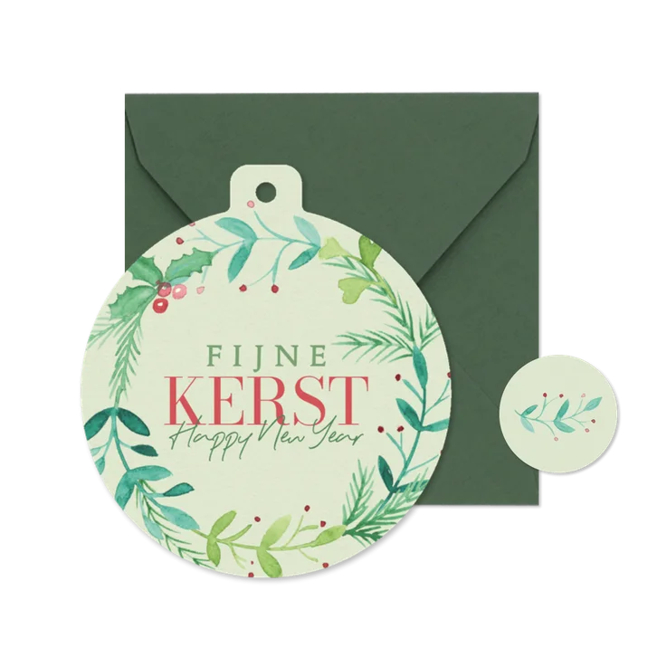 Kerstkaart kerstbalvorm kerstkrans aquarel