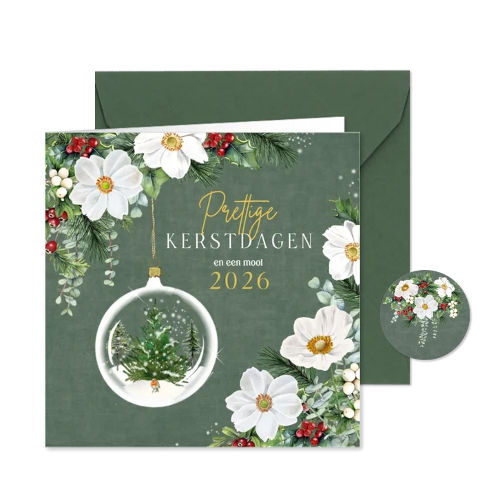 Kerstkaart kerstbloemen kerstbal op fluweelachtige kleur