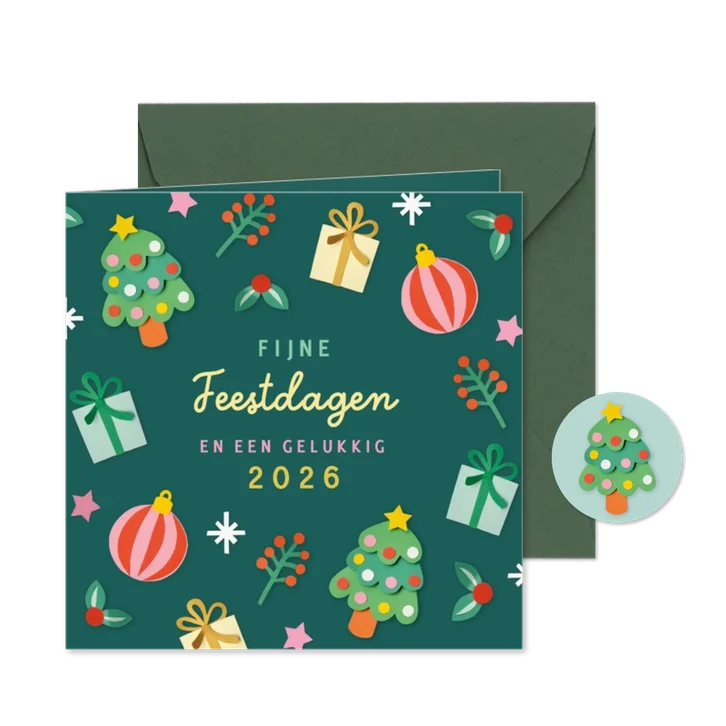 Kerstkaart kerstbomen en cadeautjes donkergroen