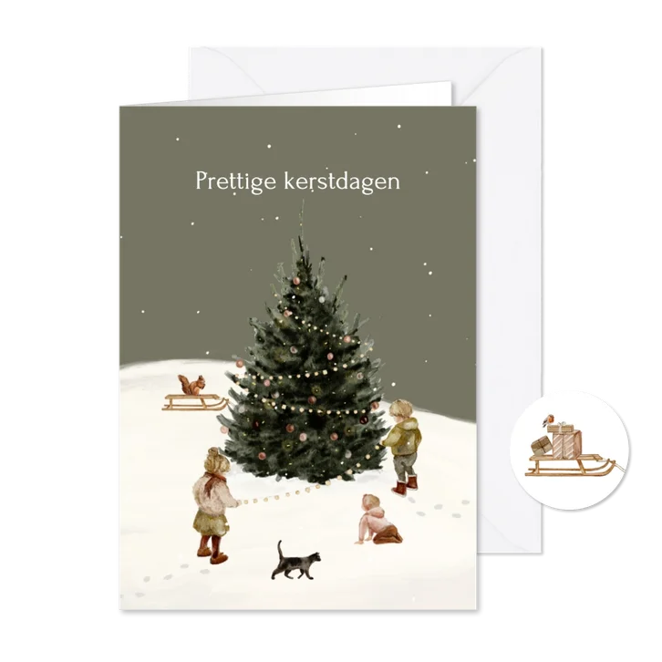 Kerstkaart kerstboom buiten kinderen sneeuw