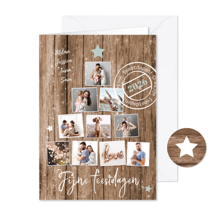 Kerstkaart kerstboom fotocollage stempels sterren hout