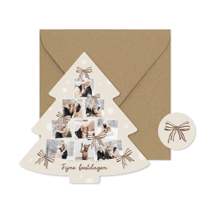 Kerstkaart kerstboom fotocollage strikjes beige sneeuw