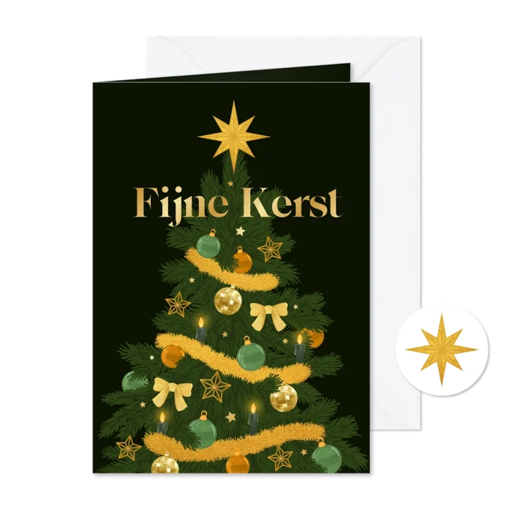 Kerstkaart kerstboom goud decoratie groen stijlvol hip