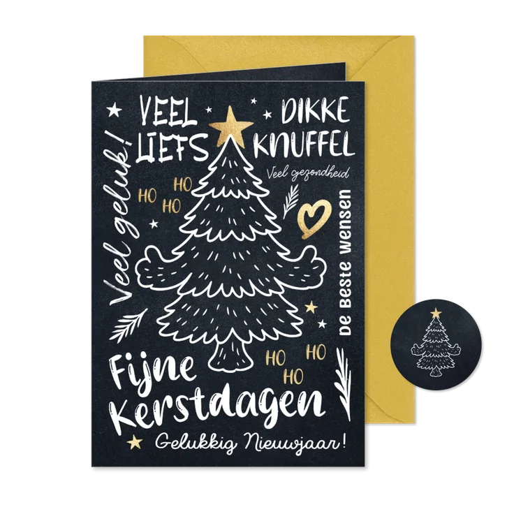 Kerstkaart kerstboom goud op krijtbord