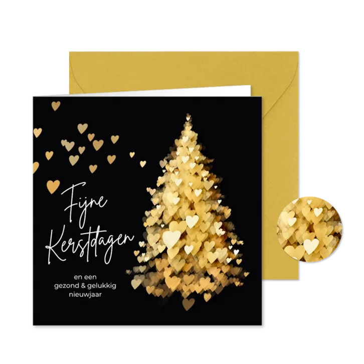 Kerstkaart kerstboom hartjes sprankelend goud