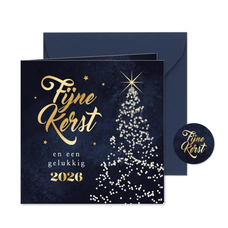 Kerstkaart kerstboom lichtjes sterren fijne kerst 2026