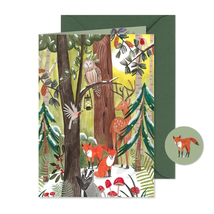 Kerstkaart kerstboom met dieren in het bos.