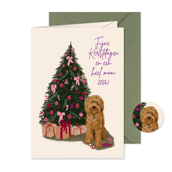 Kerstkaart kerstboom met hond