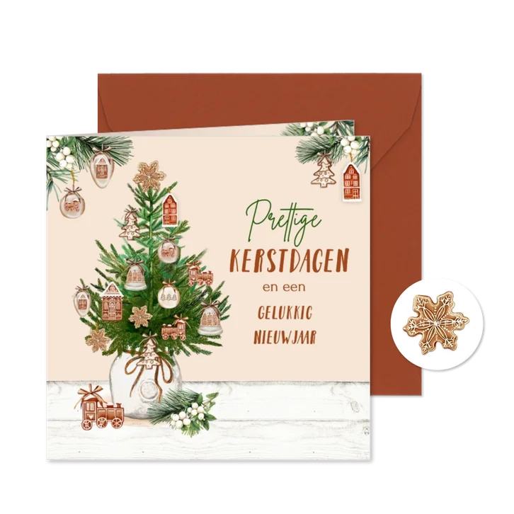 Kerstkaart kerstboom ornamenten gingerbread