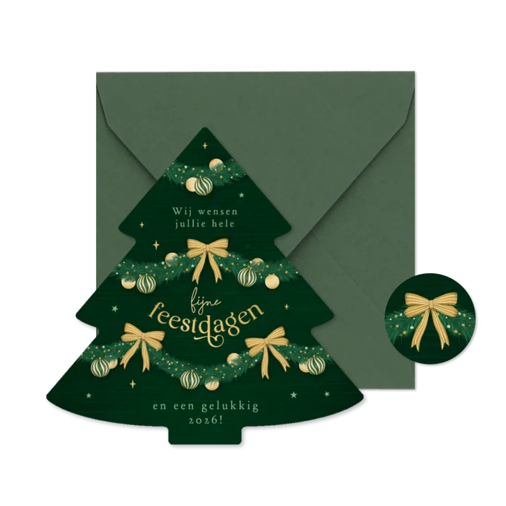 Kerstkaart kerstboom vorm slingers lampjes strikjes kerst