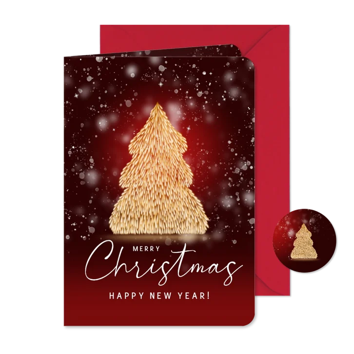 Kerstkaart kerstboom vuurvonken en sneeuw rood
