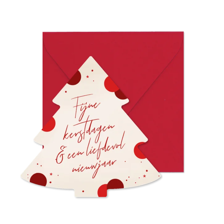 Kerstkaart kerstboomvorm beige met rode confetti