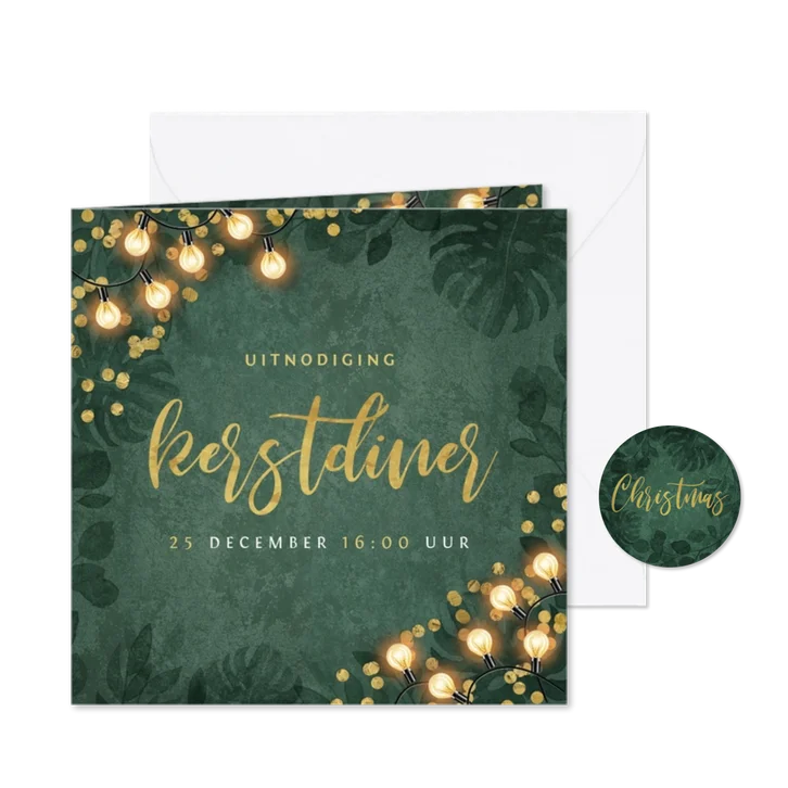 Kerstkaart kerstdiner botanisch goud confetti uitnodiging