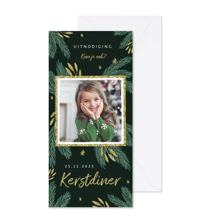 Kerstkaart kerstdiner uitnodiging winter foto takjes goud