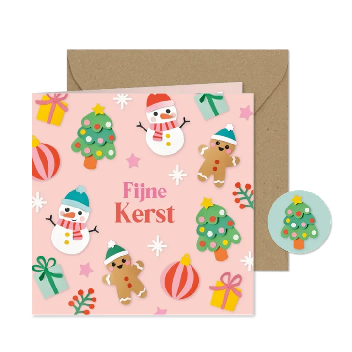 Kerstkaart kerstfiguren zalmroze