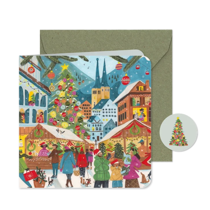 Kerstkaart kersthuisjes en kerk in berg landschap