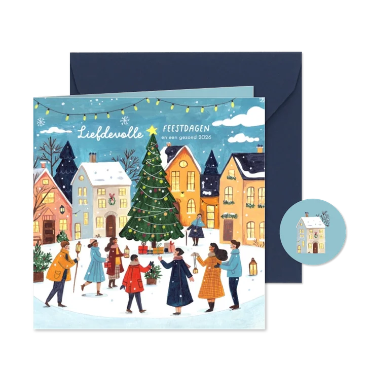 Kerstkaart kersthuisjes en kerstboom in de sneeuw