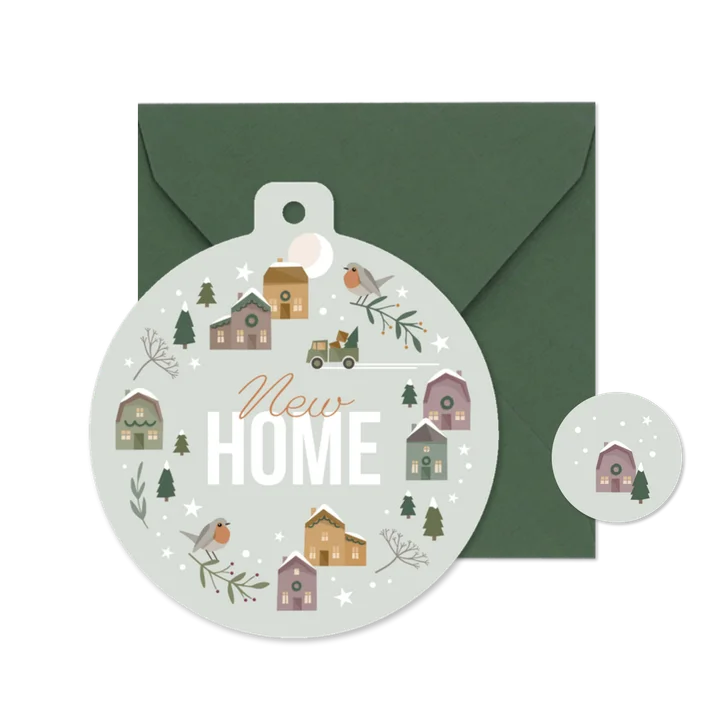 Kerstkaart kersthuisjes met verhuisauto