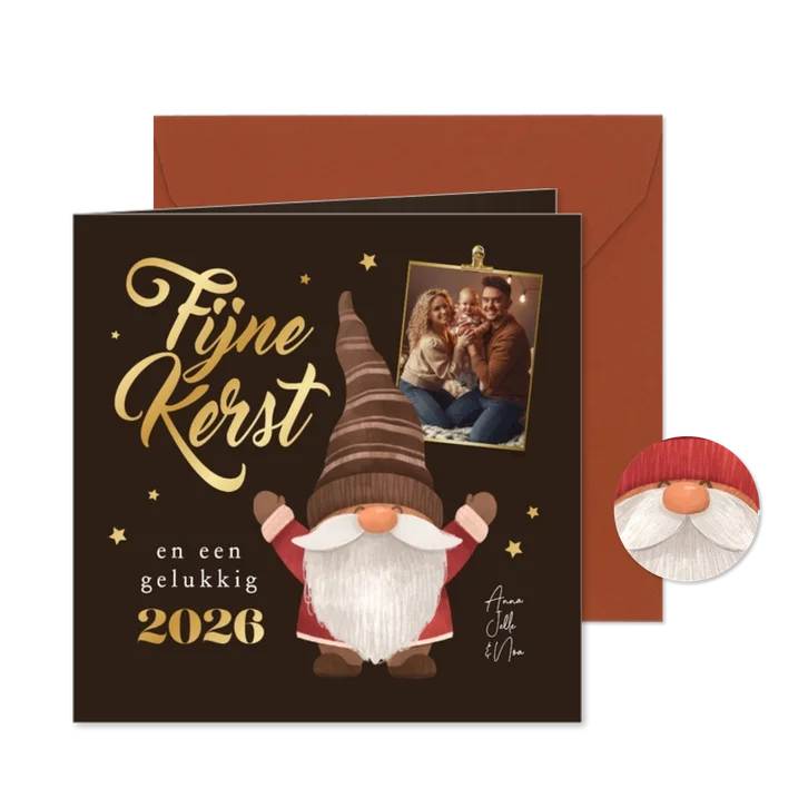 Kerstkaart kerstkabouter foto sterren fijne kerst goud bruin