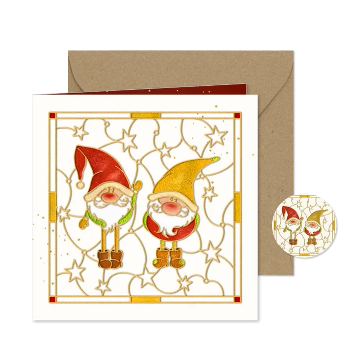Kerstkaart kerstkabouters goud