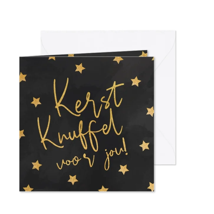 Kerstkaart kerstknuffel gouden glitter en sterren 