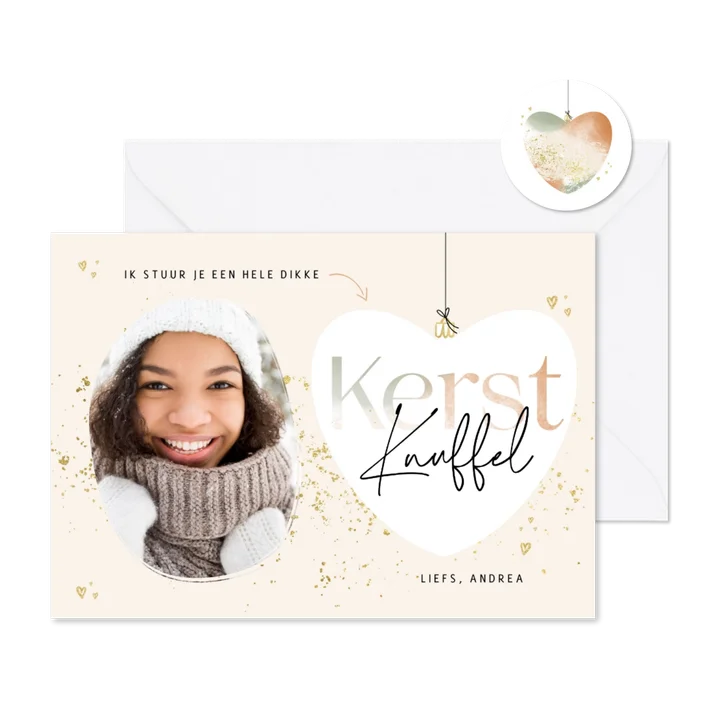 Kerstkaart kerstknuffel met foto goudlook en kerstbal hartje