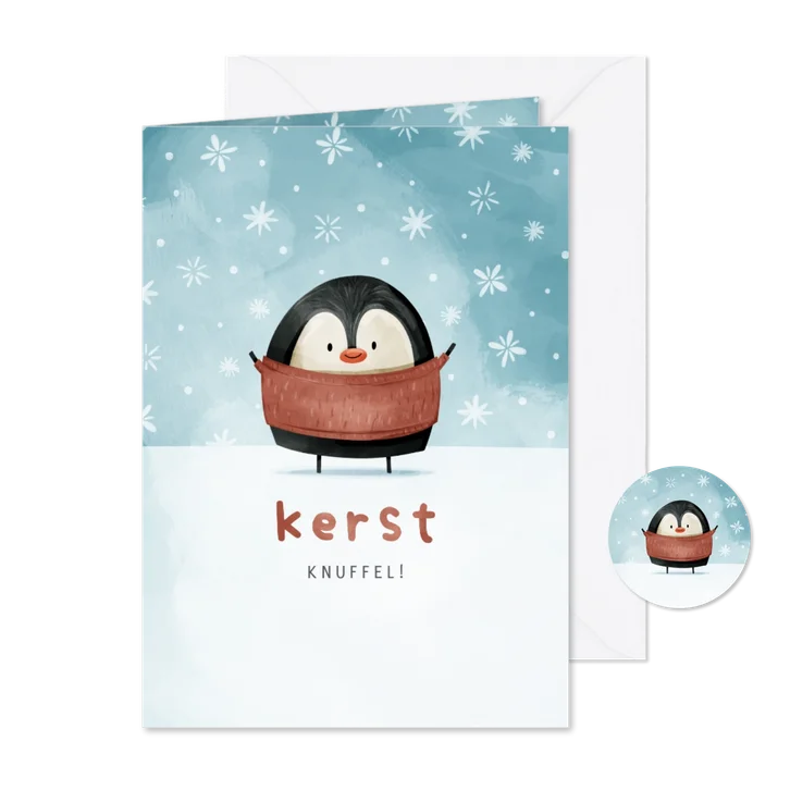 Kerstkaart kerstknuffel pinguïn met sneeuw