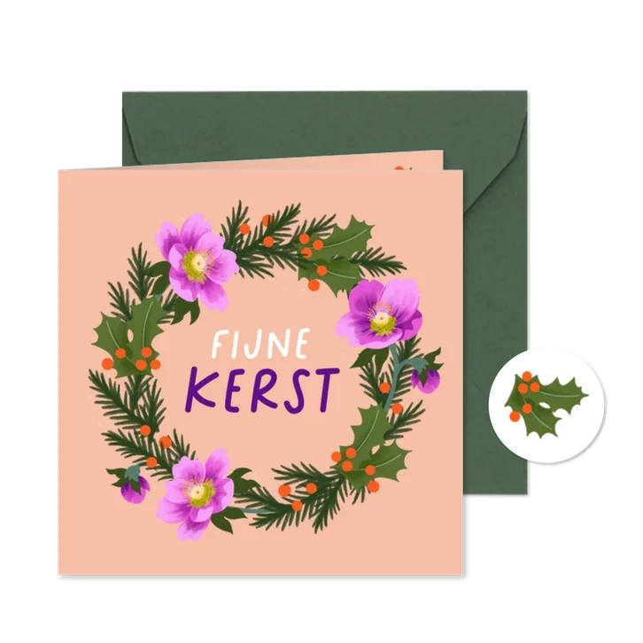 Kerstkaart kerstkrans kerstroos fijne kerst