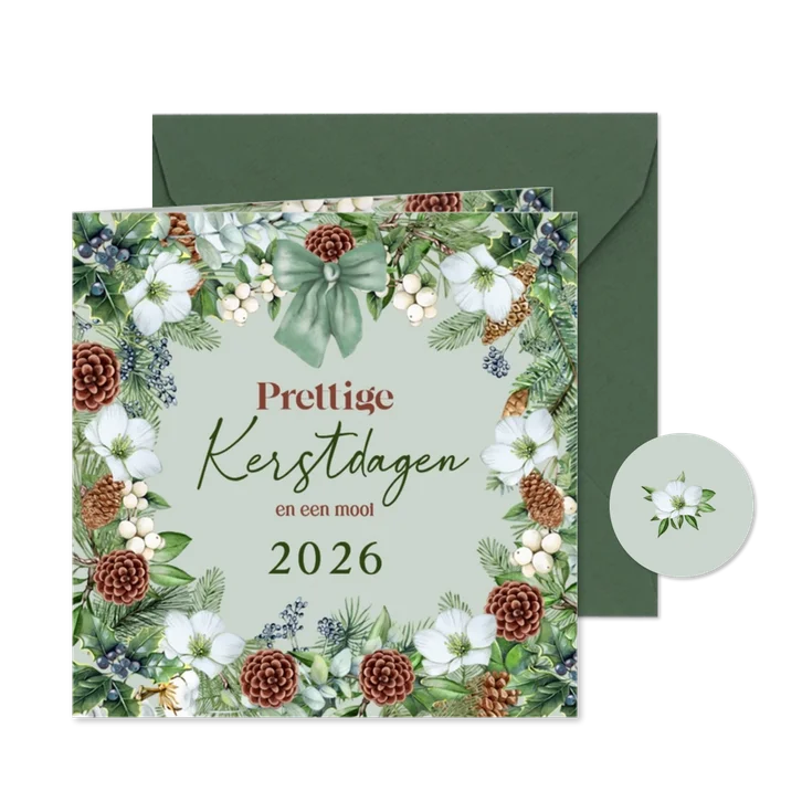 Kerstkaart kerstkrans met groene strik