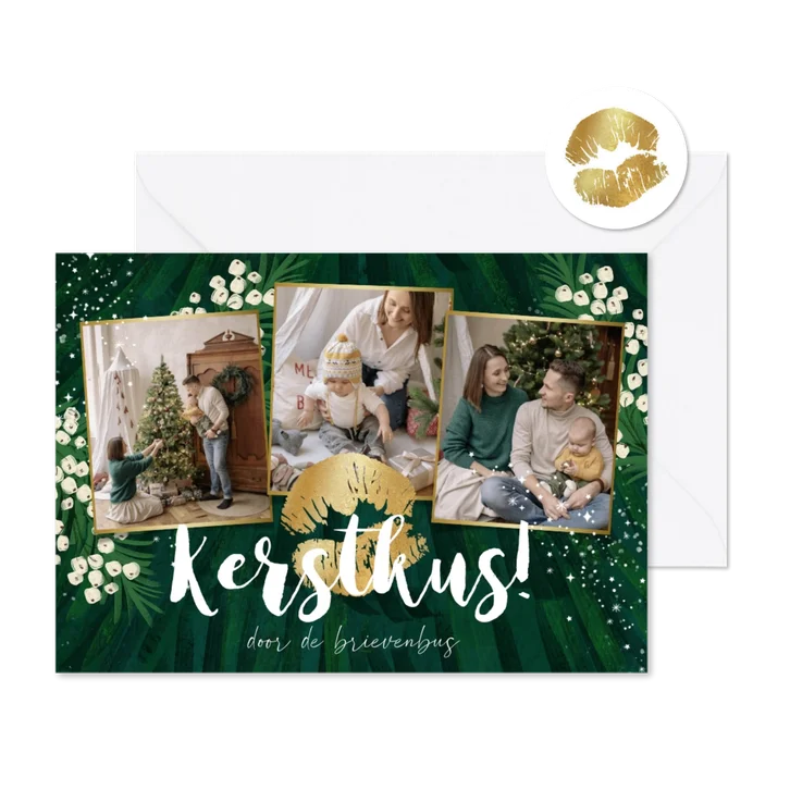 Kerstkaart ‘Kerstkus’ fotocollage kerstboom takken goud