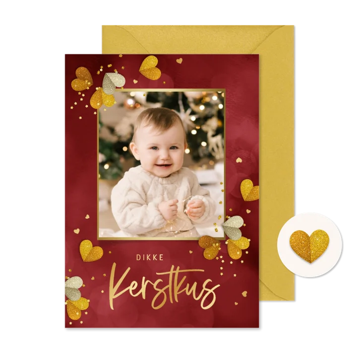 Kerstkaart kerstkus hartjes glitters goud foto