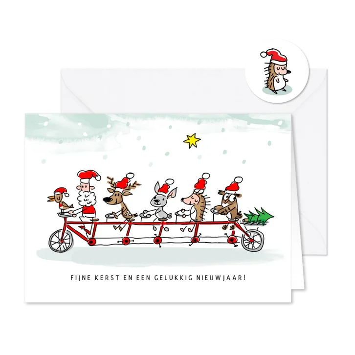 Kerstkaart kerstman en dieren op tandem